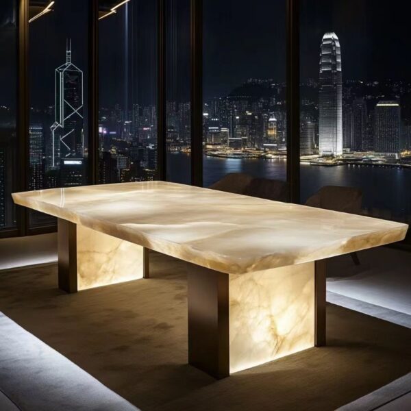 Modern Illuminated LED Rectangular Dining Table in Natural Marble