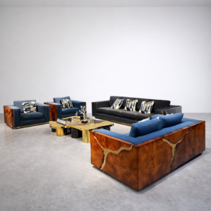 The Aurora Collection: Luxury Burl Wood & Gold Trim Sofa Set